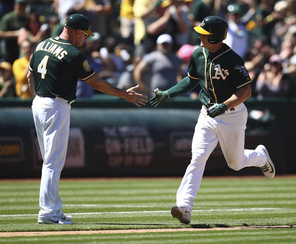The Oakland Athletics welcomed thousands of Sonoma, Napa, and Solano County residents to a free day of baseball Sunday, June 10, 2018, honoring firefighters and survivors who were impacted by the October wildfires. (AP Photo/Ben Margot)