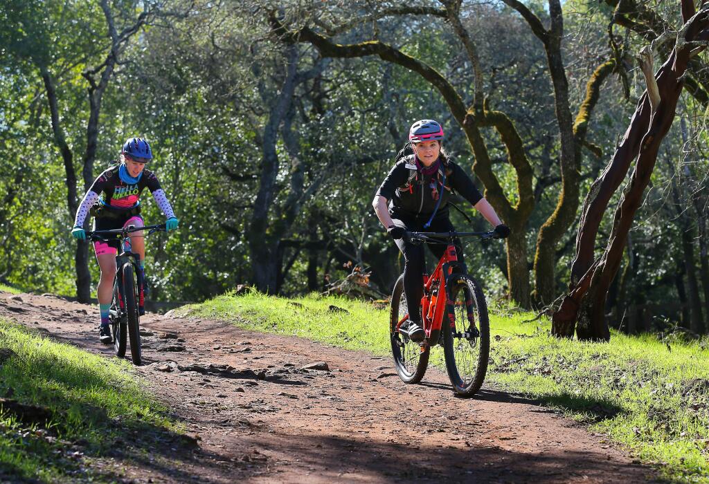 Melissa Wonders, right, and Meghan Skidmore embark on a four hour trail ride through Howarth and Spring Lake parks, and Trione-Annadel State Park, in Santa Rosa on Friday, January 25, 2019. Wonders and Skidmore are preparing to participate in the Absa Cape Epic mountain bike stage race in South Africa this March.(Christopher Chung/ The Press Democrat)