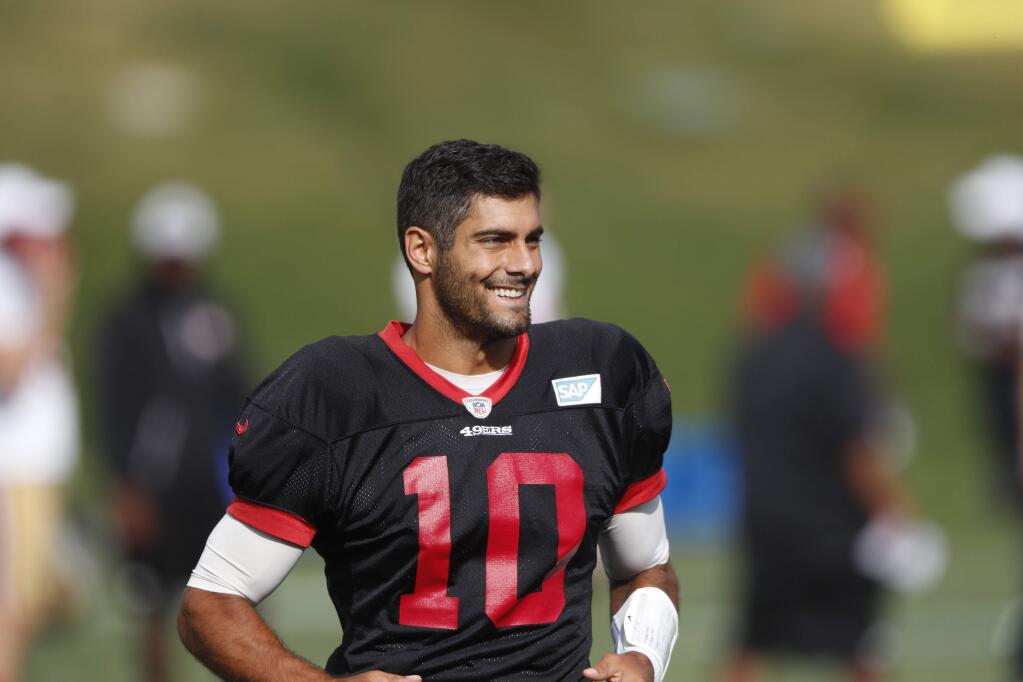 San Francisco 49ers quarterback Jimmy Garoppolo during a combined training camp practice at the Broncos' headquarters Friday, Aug. 16, 2019, in Englewood, Colo. (AP Photo/David Zalubowski)