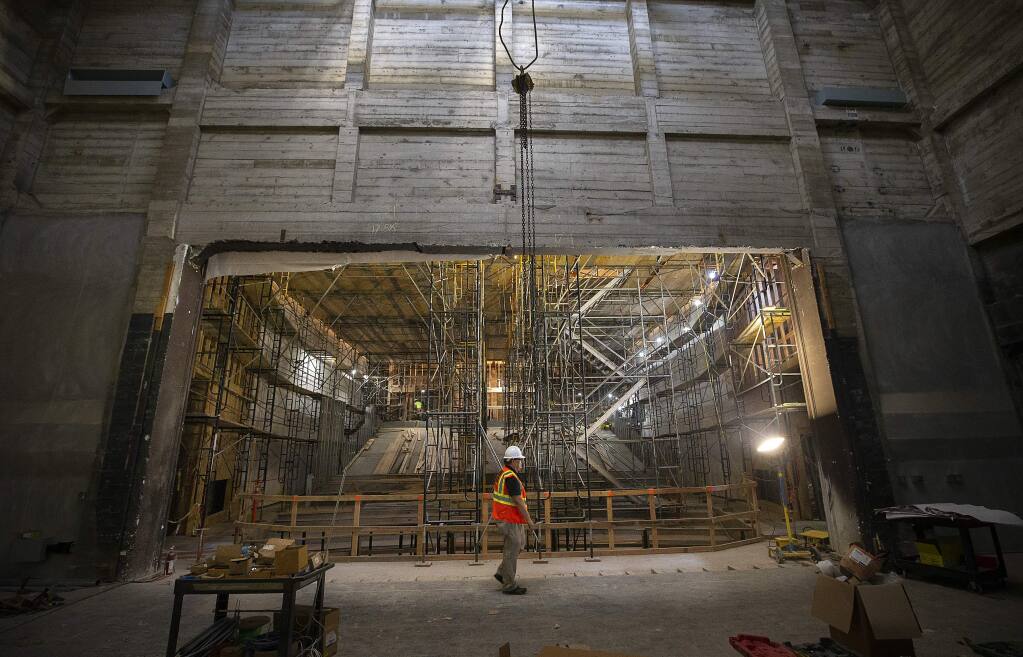 The view from the stage out to the audience seating is taking shape in the $28 million renovation of the Luther Burbank Auditorium on the SRJC campus in Santa Rosa. (photo by John Burgess/The Press Democrat)