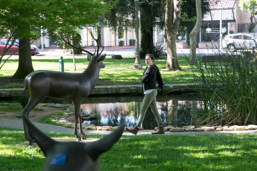 Curator Tanya Gayer checks the placement of six large deer statues, by artist Gwynn Murrill, in the southwest corner of the Sonoma Plaza, part of a public art installation by the Sonoma Valley Museum of Art, Tuesday, June 5, 2018. (Photo by Julie Vader/special to the Index-Tribune)