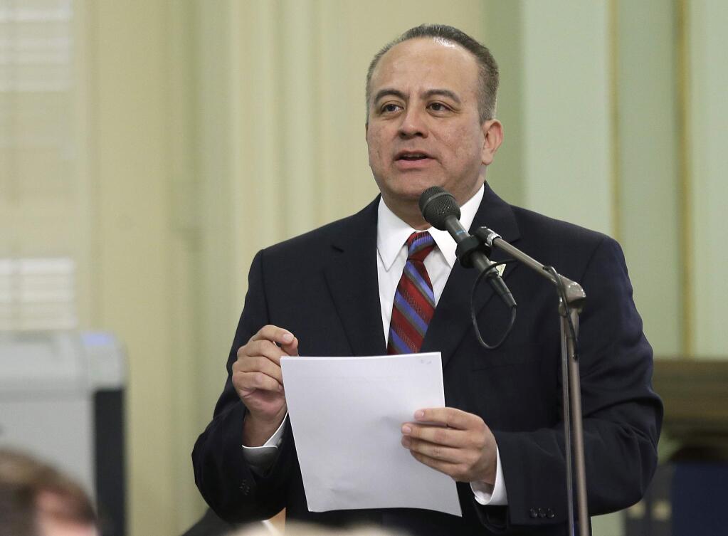 FILE - In this Thursday, May 4, 2017, file photo, Assemblyman Raul Bocanegra, D-Pacoima speaks at the Capitol, in Sacramento, Calif. Bocanegra is resigning immediately following multiple allegations of sexual misconduct. Legislative staffer Elise Flynn Gyore says Bocanegra put his hands inside her blouse at an after-work event at a Sacramento nightclub in 2009. Both were legislative staff members at the time. (AP Photo/Rich Pedroncelli, File)