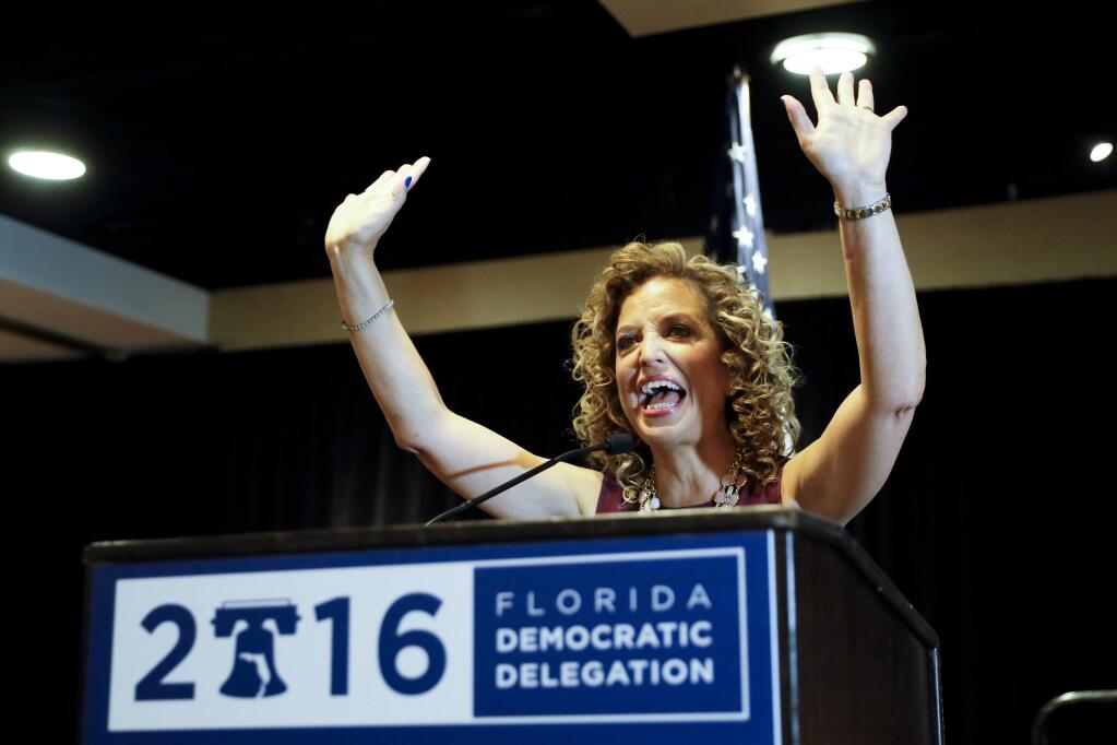 Debbie Wasserman Schultz, who is stepping down as Democratic national chairwoman over disclosures from hacked emails, speaks Monday during a Florida delegation breakfast at the Democratic National Convention. (MATT SLOCUM / Associated Press)
