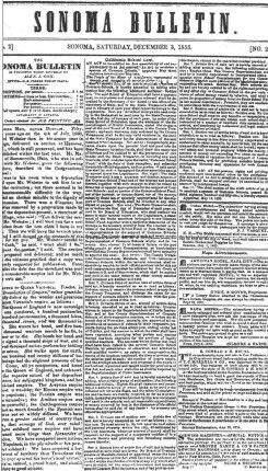 Sonoma's first paper, the 'Sonoma Bulletin,' shown above, published from 1852 to 1855. When the town's second paper, the 'Sonoma Index,' launched in 1879, it likely inherited equipment and records from the 'Bulletin.'