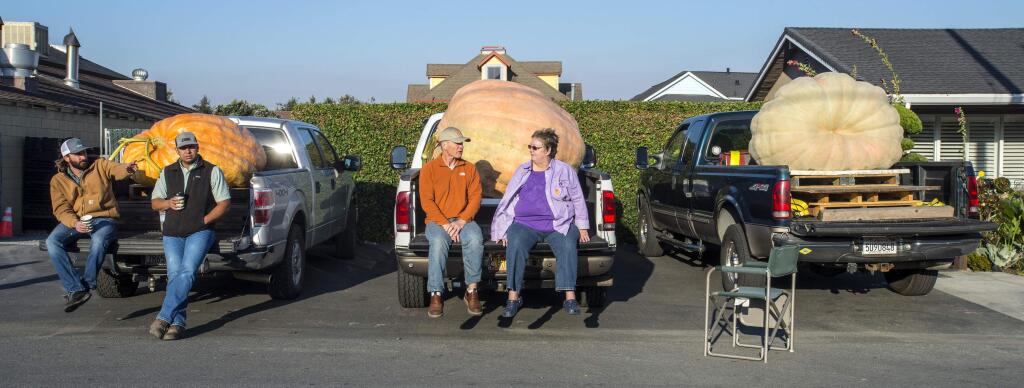 Joel and Mari Lou Holland, center, of Sumner, Wash., sit on the back of their truck as they wait for the start of the 44th World Championship Pumpkin Weigh-Off in Half Moon Bay, Calif., on Monday, Oct. 9, 2017. Holland went on to win the competition with his pumpkin weighing in at 2363 pounds. (Mark Rightmire/The Orange County Register via AP)
