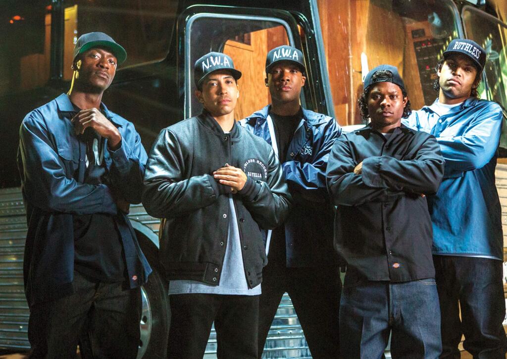 JAIME TRUEBLOOD / Universal PicturesAldis Hodge, Neil Brown Jr., Corey Hawkins, Jason Mitchell, and O'Shea Jackson in 'Straight Outta Compton,' the story of the meteoric rise and fall of N.W.A., the L.A. rap group that revolutionized music and pop culture.