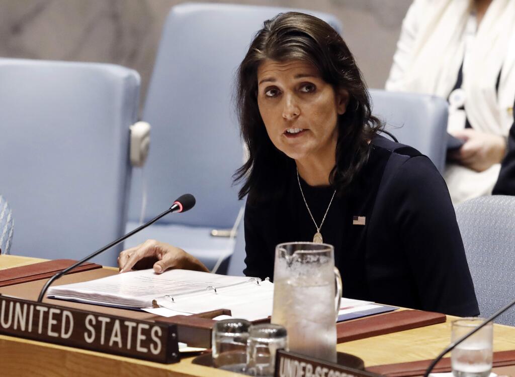 Nikki Haley, the U.S. ambassador to the United Nations announced Tuesday that she plans to step down by the end of the year. (RICHARD DREW / Associated Press)