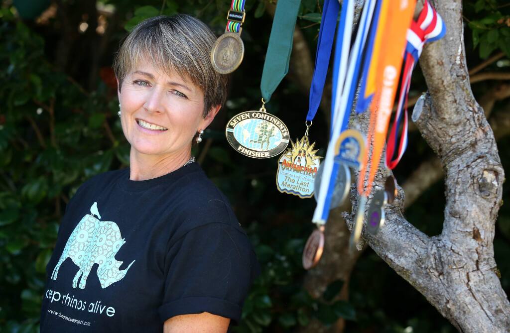 Mary Ann Weber recently ran a marathon in Africa, completing her quest to run a marathon on all seven continents. Weber began in 2004 with a marathon in Greece.(Christopher Chung/ The Press Democrat)