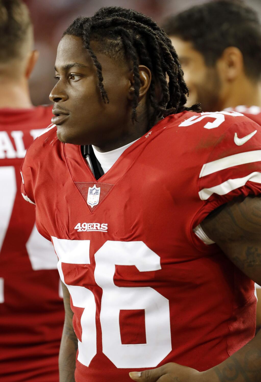 San Francisco 49ers linebacker Reuben Foster watches from the sideline during the second half of an NFL preseason football game against the Dallas Cowboys in Santa Clara, Calif., Thursday, Aug. 9, 2018. (AP Photo/Josie Lepe)