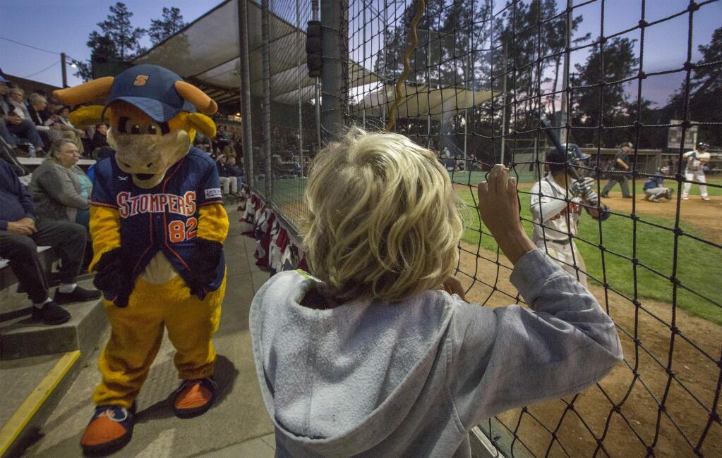 On a perfect Sonoma evening, the Sonoma Stompers, with a little help from their mascot Rawhide, opened their season, much to the delight of spectators young and old, who crowded the stands and cheered for their local team. Opening night for Stompers baseball was at Palooza Park on Arnold Field Saturday, June 1. (Photo by Robbi Pengelly/Index-Tribune)