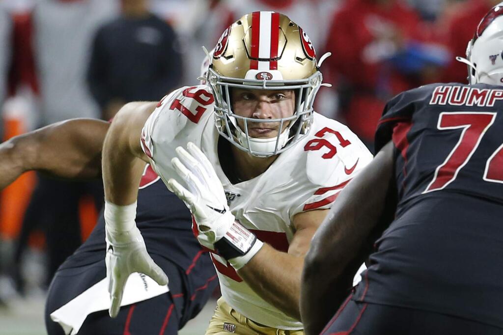 San Francisco 49ers defensive end Nick Bosa during the first half against the Arizona Cardinals, Thursday, Oct. 31, 2019, in Glendale, Ariz. (AP Photo/Rick Scuteri)