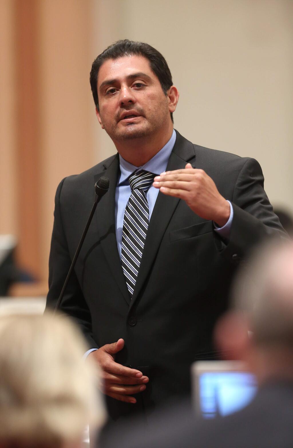 In this photo taken Monday, Aug. 18, 2014, is state Sen. Ben Hueso, D-San Diego, who was arrested on charges of drunken driving in Sacramento. Hueso was booked into the Sacramento County Jail at 3:27 a.m. Friday after being arrested on suspicion of drunken driving and driving with a blood alcohol content of 0.08 percent or more. (AP Photo/Rich Pedroncelli)