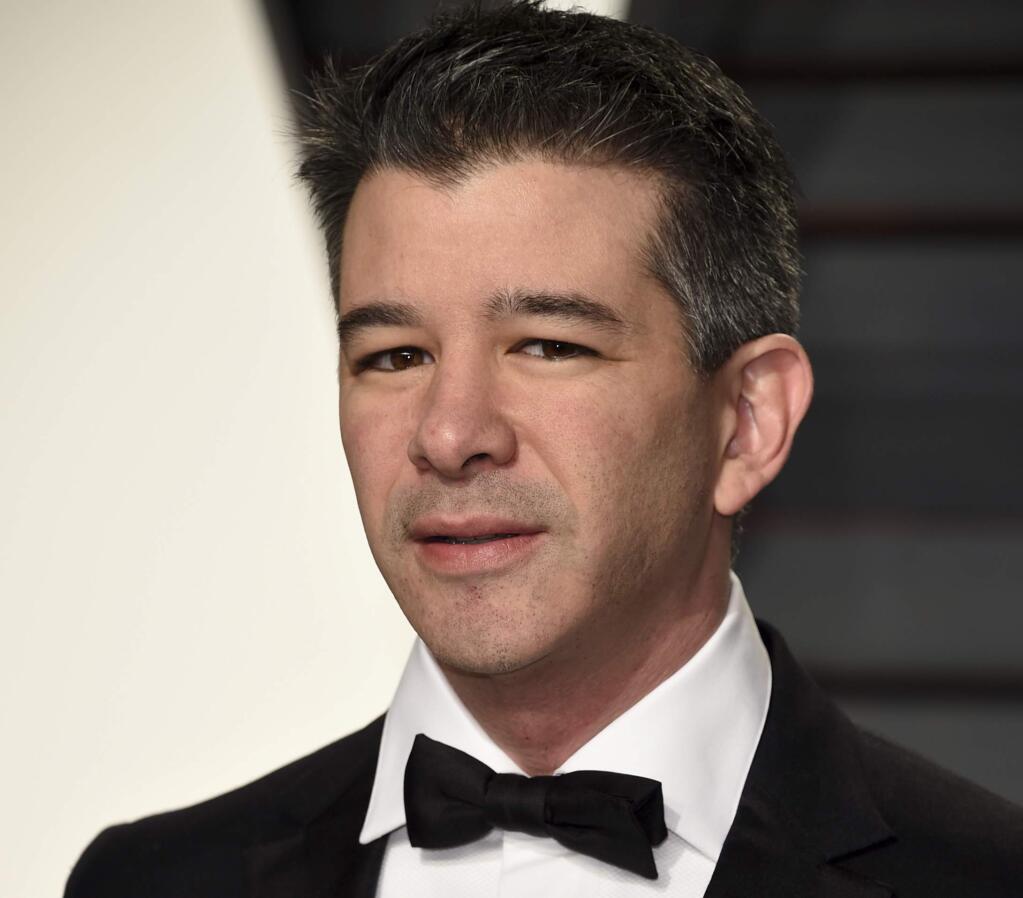 FILE - In this Sunday, Feb. 26, 2017, file photo, Uber CEO Travis Kalanick arrives at the Vanity Fair Oscar Party in Beverly Hills, Calif. Kalanick's videotaped clash with a driver over prices has become the company's latest public image nightmare. (Photo by Evan Agostini/Invision/AP, File)