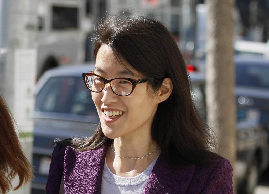 FILE - In this Feb. 24, 2015 file photo, Ellen Pao leaves the Civic Center Courthouse during a lunch break in her trial in San Francisco. The jury of six men and six women are due back in San Francisco Superior Court on Friday, March 27 in Pao's lawsuit against Kleiner Perkins Caufield & Byers. Pao says the firm discriminated against her because she was a woman and then retaliated by denying her a promotion and firing her when she complained about gender bias. Kleiner Perkins denies the allegations. (AP Photo/Eric Risberg)