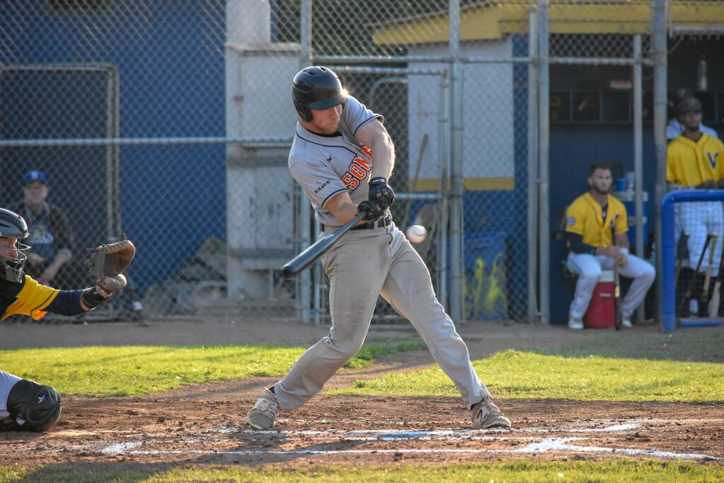 Outfielder Brock Hartley's bat came alive in Wednesday's game in Vallejo, as the new Stomper went 3 for 4 with three RBIs and a homer. (James W. Toy III/Sonoma Stompers)