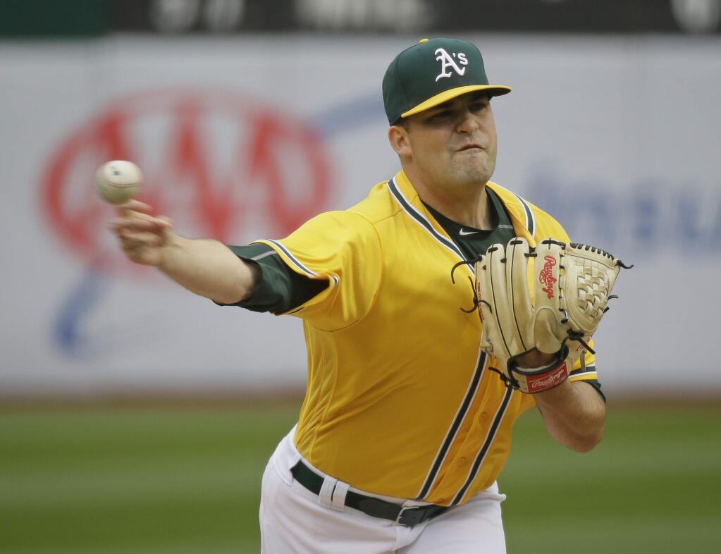 Oakland Athletics starting pitcher Andrew Triggs throws in the first inning against the Los Angeles Angels on Thursday, April 6, 2017, in Oakland. (AP Photo/Eric Rosberg)