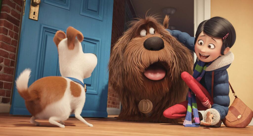 In this image released by Universal Pictures, from left, characters Max, voiced by Louis C.K., Duke, voiced by Eric Stonestreet, and Katie, voiced by Ellie Kemper, appear in a scene from, 'The Secret Lives of Pets.' (Illumination Entertainment and Universal Pictures via AP)