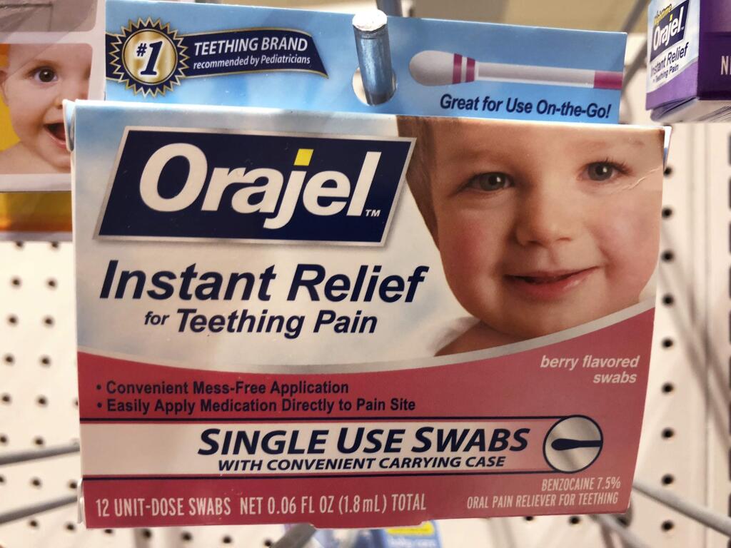Orajel is displayed for sale in a pharmacy in New York Wednesday, May 23, 2018. The US Food and Drug Administration is warning parents about potentially deadly risks of teething remedies that contain a numbing ingredient used in popular brands like Orajel. The agency on Wednesday said it wants manufacturers to stop selling products intended for babies and toddlers because the products contain a drug ingredient that can cause a rare but dangerous blood condition that interferes with normal breathing. (AP Photo/Stephanie Nano)