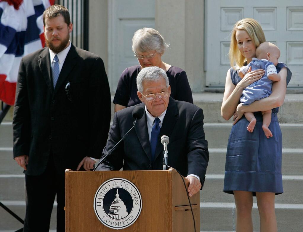 Rep. J. Dennis Hastert announces that he will not seek re-election for a 12th term in 2007. A federal indictment accuses the Illinois Republican of agreeing to pay $3.5 million in hush money to keep a person from the town where he was a longtime schoolteacher silent about 'prior misconduct.' (BRIAN KERSEY / Associated Press)