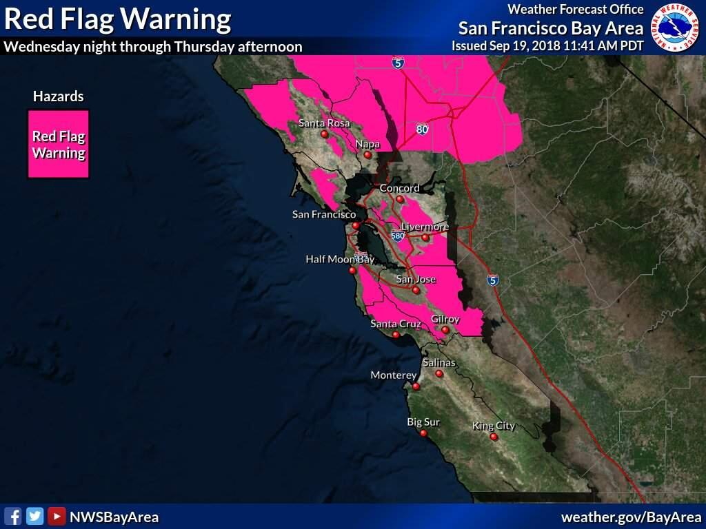 An image posted by the National Weather Service showing the exten of a red flag fire warning issued for the North Bay on Wednesday, Sept. 19, 2018. (National Weather Sevice)