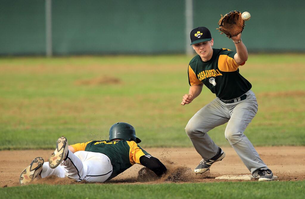 Casa Grande High School shortstop Hance Smith takes a pickoff throw during practice on Friday. Hance was one of the players on the Petaluma team that went to the Little League World Series in 2012. (John Burgess/The Press Democrat)