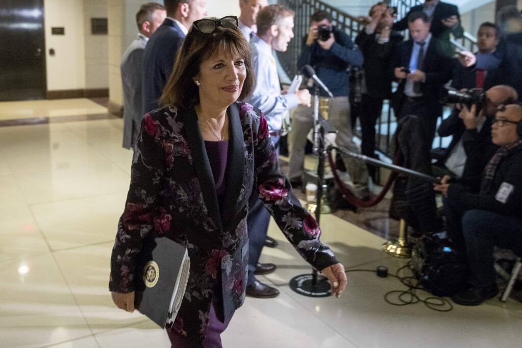 Rep. Jackie Speier, D-Calif., arrives before former U.S. Ambassador William Taylor testifies in a closed door meeting as part of the House impeachment inquiry into President Donald Trump, on Capitol Hill in Washington, Tuesday, Oct. 22, 2019. (AP Photo/Andrew Harnik)