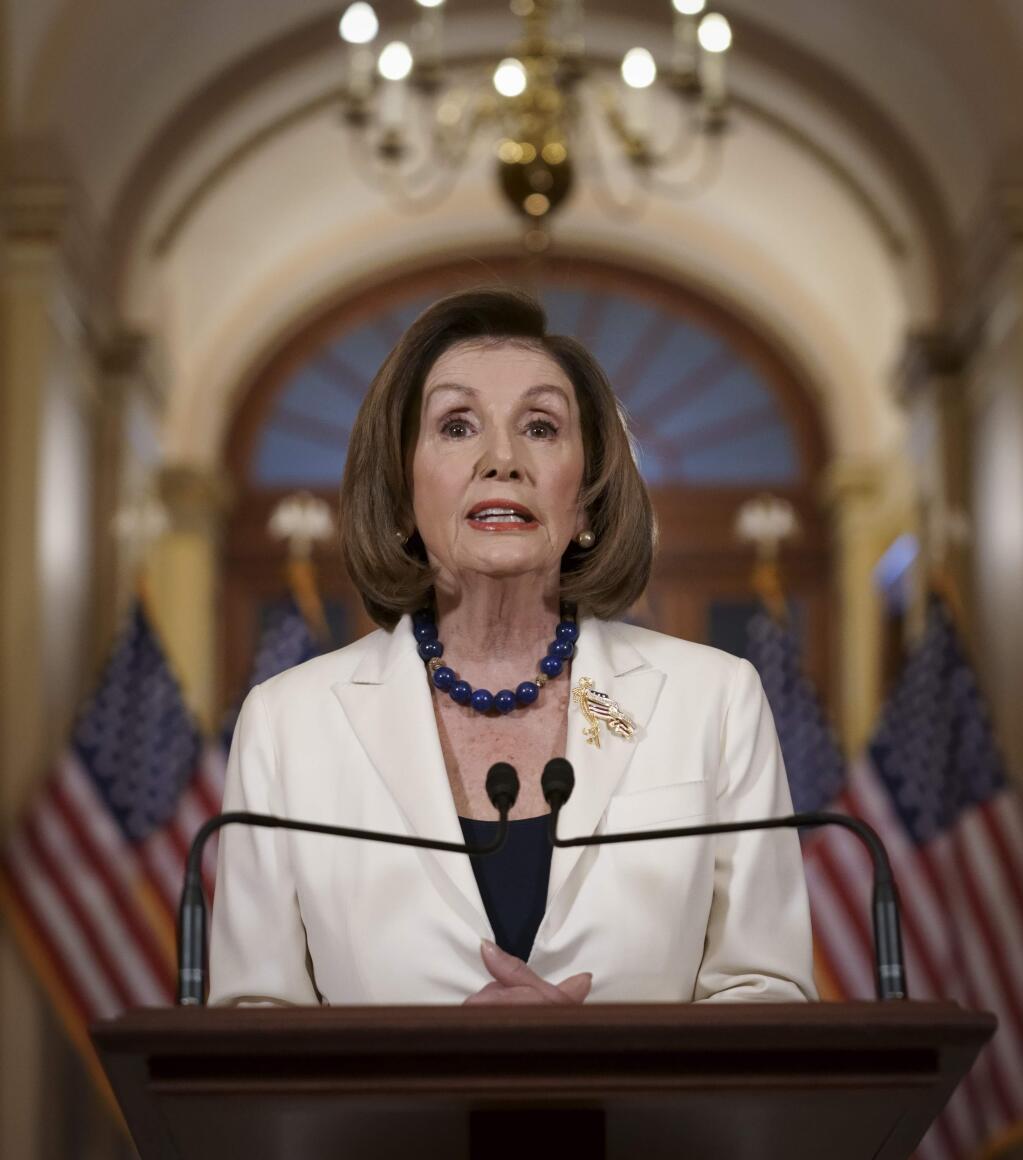 Speaker of the House Nancy Pelosi, D-Calif., makes a statement at the Capitol in Washington, Thursday, Dec. 5, 2019. Pelosi announced that the House is moving forward to draft articles of impeachment against President Donald Trump.  (AP Photo/J. Scott Applewhite)