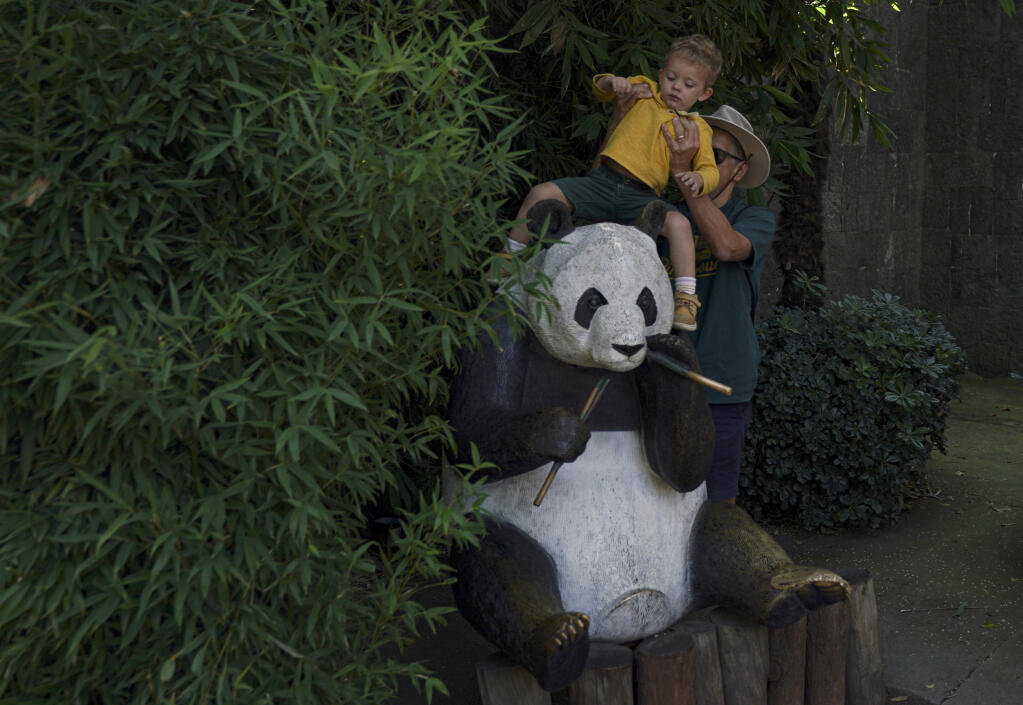 A visitor places his son on a panda statue in order to make a souvenir photo just outside the enclosure of Xin Xin, a 32-year-old Mexican-born giant panda, at the Chapultepec Zoo in Mexico City, Thursday, Nov. 10, 2022. (AP Photo/Fernando Llano)