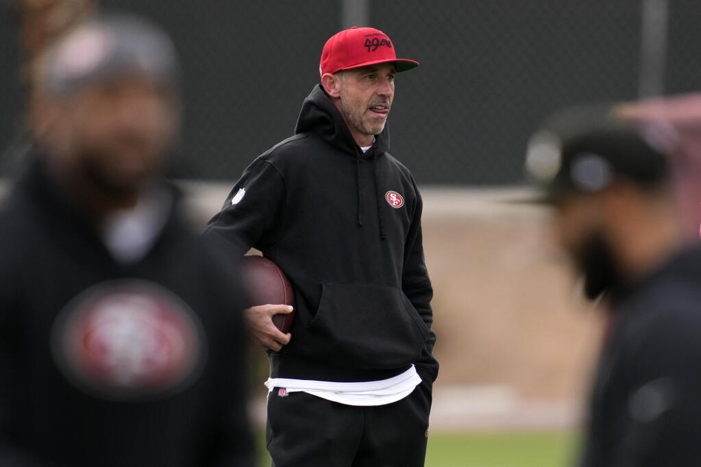 San Francisco 49ers head coach Kyle Shanahan watches during a practice ahead of the Super Bowl 58 NFL football game Friday, Feb. 9, 2024, in Las Vegas. (AP Photo/John Locher)