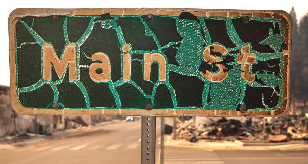 Heat from the Dixie fire melted and cracked the Main Street sign in Greenville, Monday, Aug. 9, 2021. (Kent Porter / The Press Democrat)