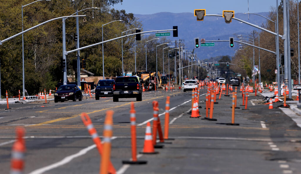 Already chewed up by road construction, Sunday, April 9, 2023, Fulton Road will be further impacted between Jenes Lane and Piner Road.  (Kent Porter / The Press Democrat)