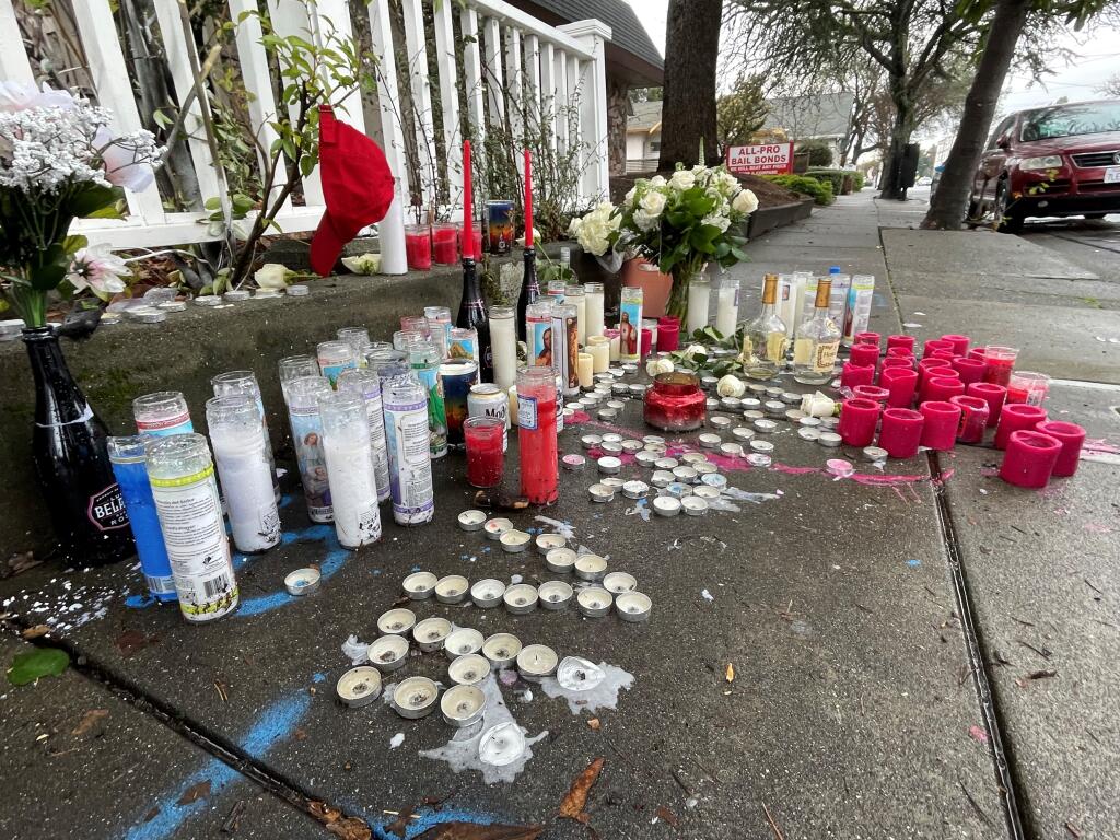 A memorial for the person stabbed on Mendocino Avenue and Carrillo Street in Santa Rosa, Thursday, Feb. 2, 2023. Photo taken Friday, Feb. 3, 2023. (John Burgess/The Press Democrat)