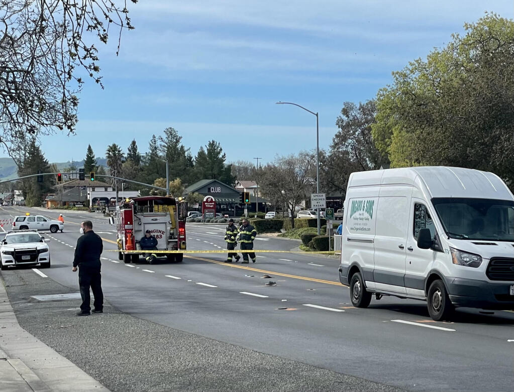 California Highway Patrol officers at the scene of a fatal pedestrian accident on Highway 12 south of Verano Avenue, Monday, March 22, 2021.