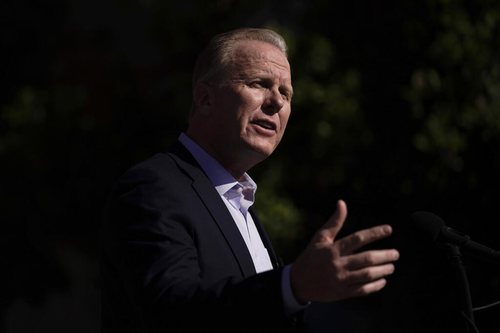 FILE - In this Feb. 2, 2021, file photo, former San Diego Mayor Kevin Faulconer, a Republican, speaks during a news conference in the San Pedro section of Los Angeles. Faulconer is running in the recall election to replace Democratic Gov. Gavin Newsom. (AP Photo/Jae C. Hong, File)