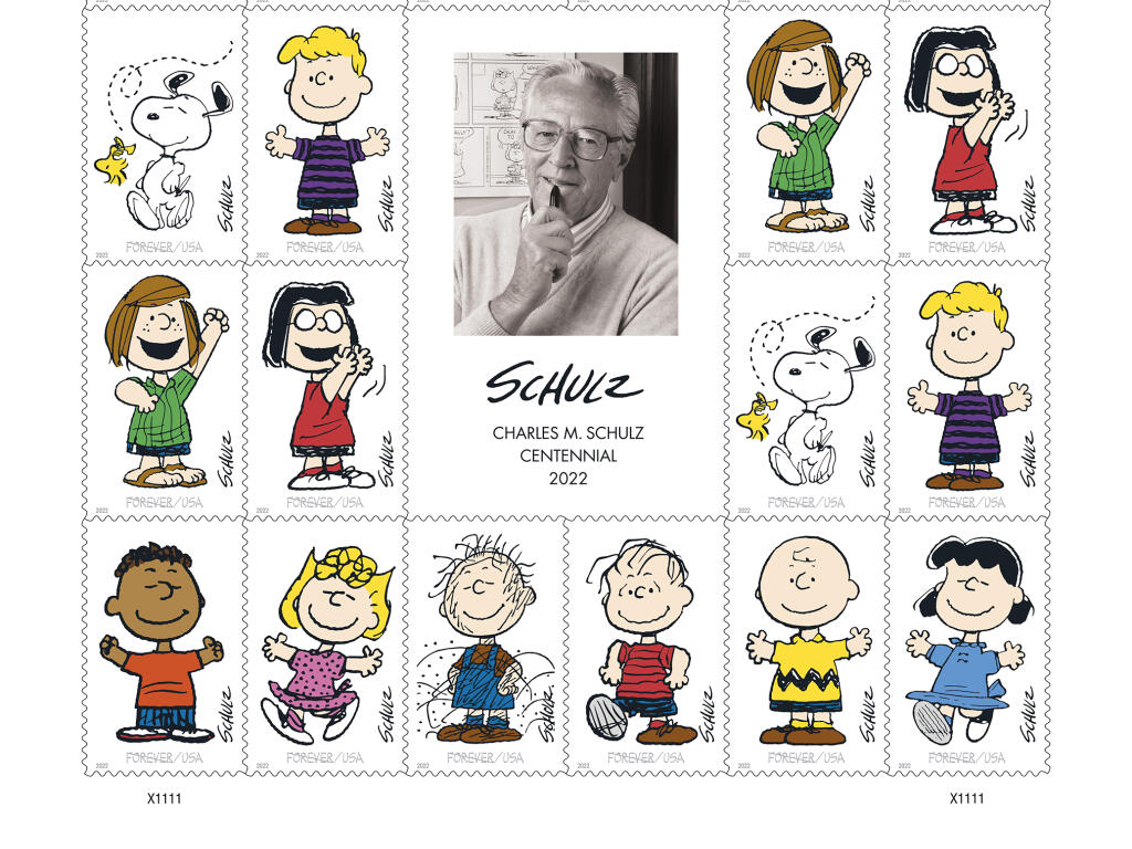 The Postal Service also will issue a special pane of 20 of the stamps, priced at $12. The stamps star “Peanuts” characters Charlie Brown, Lucy, Franklin, Sally, Pigpen, Linus, Snoopy and Woodstock, Schroeder, Peppermint Patty and Marcie. (United States Postal Service)