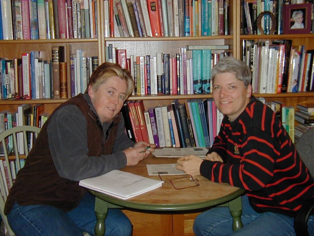 Mani Mitchell, left, intersex activist from New Zealand, sits across from Bo Laurent, formerly known as Cheryl Chase, at Laurent’s home office in Sonoma County in 2002. Laurent founded the Intersex Society of North America in 1993, which kicked off the global intersex movement to build “a world free of shame, secrecy, and unwanted genital surgery.” (Courtesy of Bo Laurent)