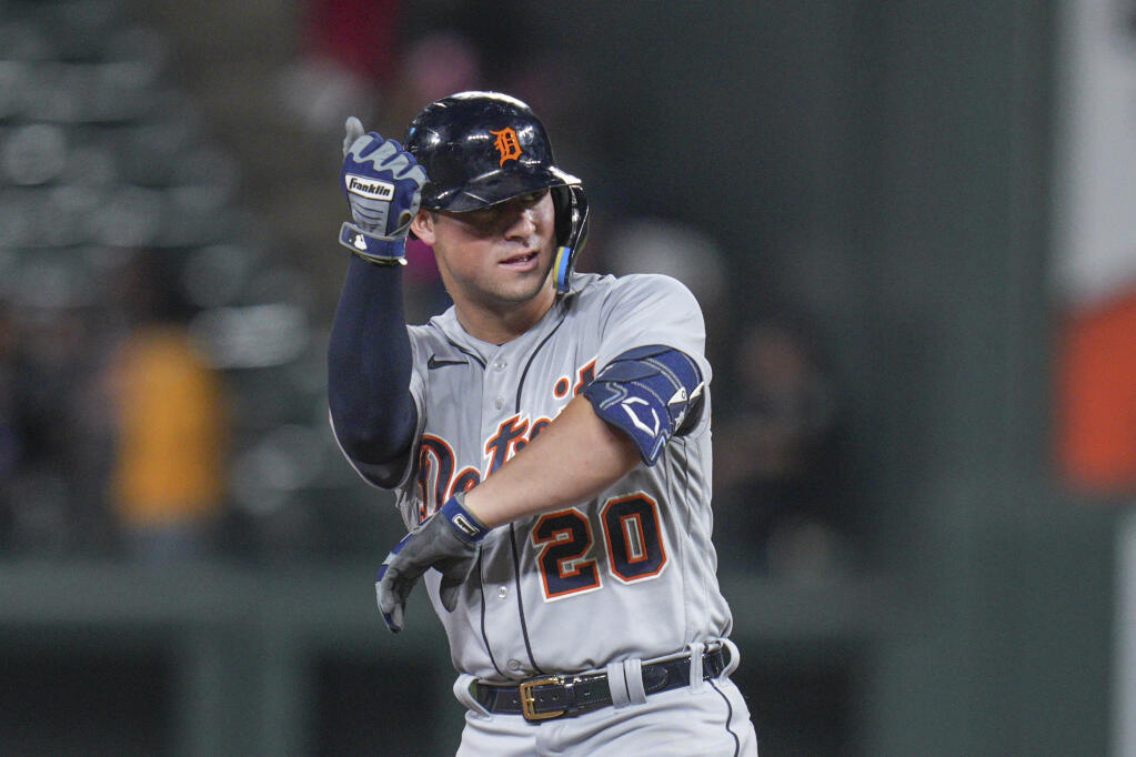 Detroit Tigers' Spencer Torkelson reacts after hitting a double against the Baltimore Orioles during the seventh inning of a baseball game, Monday, Sept. 19, 2022, in Baltimore. Torkelson, the former Casa Grande standout, had three hits as the Tigers won 11-0. (AP Photo/Jess Rapfogel)