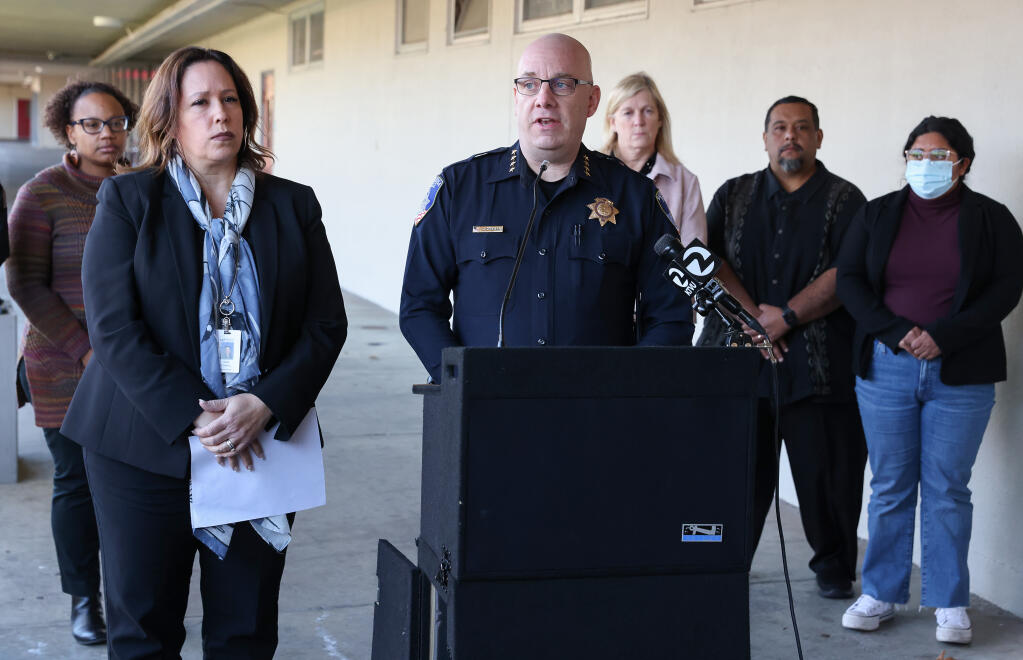 Santa Rosa Police Chief John Cregan addresses the media alongside Santa Rosa City Schools Superintendent Anna Trunnell during a press conference about the fatal stabbing that occurred on campus at Montgomery High School in Santa Rosa on Wednesday, March 1, 2023.  (Christopher Chung / The Press Democrat)