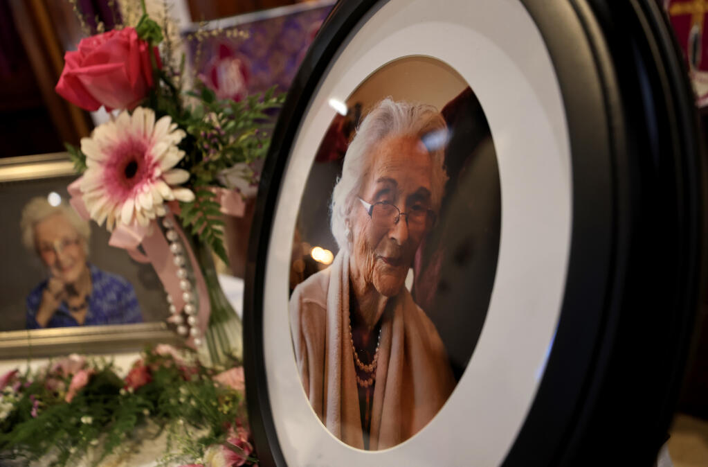 Edie Ceccarelli is memorialized, Saturday, March 16, 2024, at St. Anthony’s of Padua Catholic Church in Willits. The oldest living person in the United States and the second oldest worldwide, Ceccarelli died on Feb. 22 at 116 years old.  (Kent Porter / The Press Democrat)