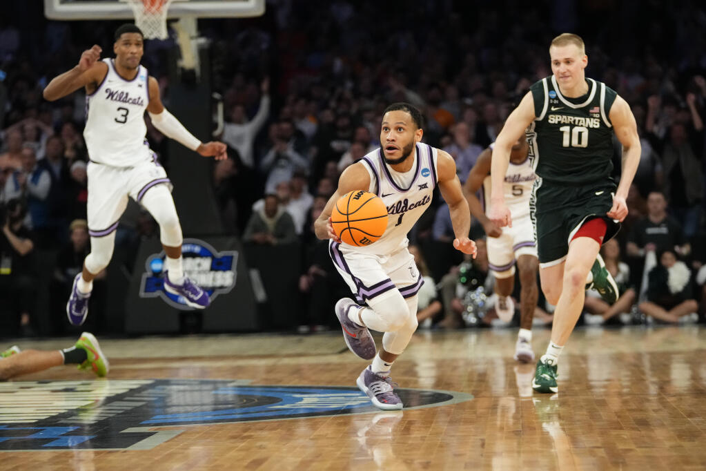 Kansas State guard Markquis Nowell steals the ball from Michigan State forward Malik Hall in overtime of their Sweet 16 game in the East Regional of the NCAA Tournament at Madison Square Garden, Thursday, March 23, 2023, in New York. (Frank Franklin II / ASSOCIATED PRESS)