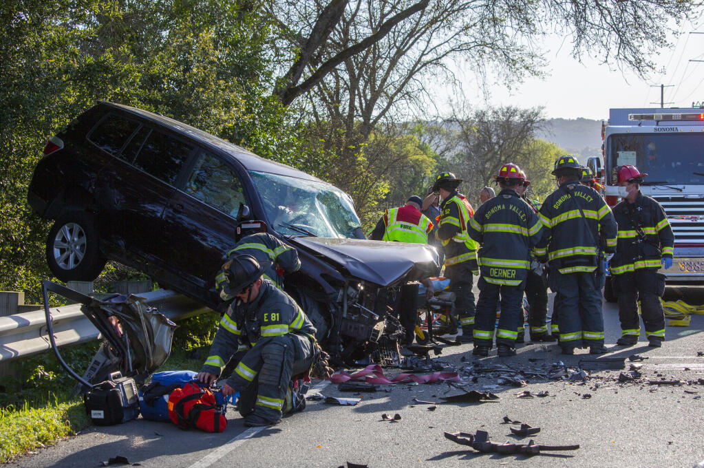 A vehicle accident on Leveroni Road on Wednesday, March 31, 2021, closed the road to traffic. (Photo by Robbi Pengelly/Index-Tribune)