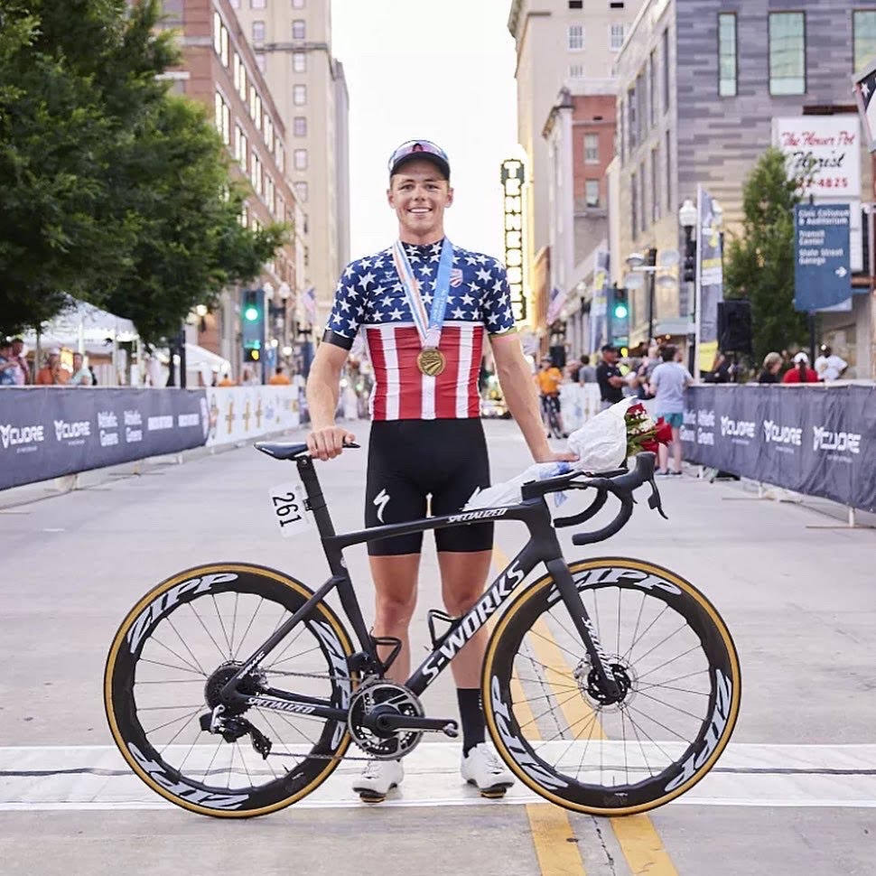 Luke Lamperti and his Specialized S-Works bike after his upset victory in the men’s criterium at USA Cycling’s national championships in Knoxville, Tenn., June 18, 2021. (Tommy Zsak)