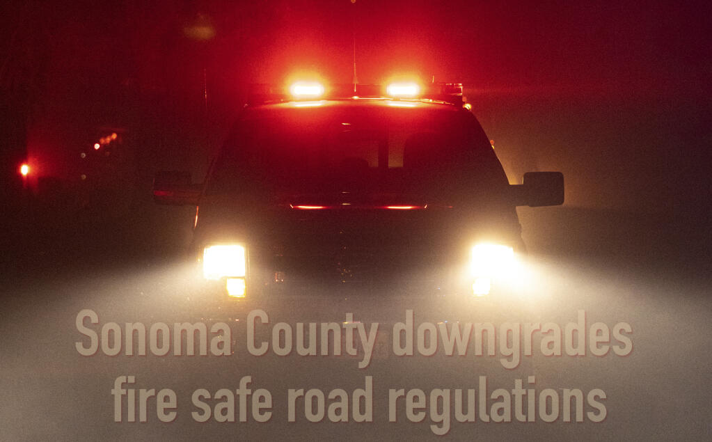 Sonoma County further gutted its 2019 Ordinance so that now the August 2020 Fire Ordinance exempts all existing roads from safety standards, actually reduces width requirements for new roads, and allows long, dead-end roads to have only a single lane. (Photo: Glass Fire exclusive permission Chris Miller ©2020.)