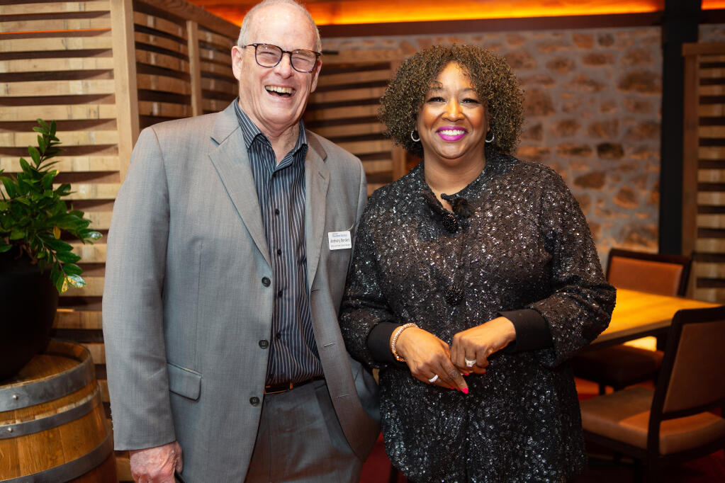 NBBJ Editor Anthony Borders, left and NBBJ Publisher Lorez Bailey attend the NBBJ Women in the Wine Business Conference and Panel at the Freemark Abbey Winery in St. Helena, CA on Thursday, March 16, 2023.