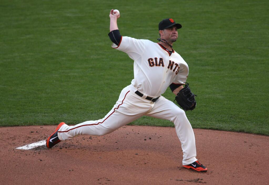 San Francisco Giants starting pitcher Ryan Vogelsong faces the St. Louis Cardinals during Game 4 of the National League Championship Series in San Francisco on Wednesday, October 15, 2014. (Christopher Chung / The Press Democrat)