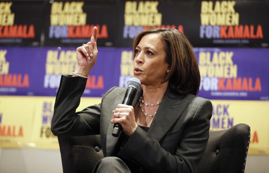 Democratic presidential candidate Sen. Kamala Harris, D-Calif., speaks at a Black Women's Power Breakfast co-hosted by Higher Heights and The Collective PAC at the Westin, Thursday, Nov. 21, 2019, in Atlanta. (Bob Andres/Atlanta Journal-Constitution via AP)