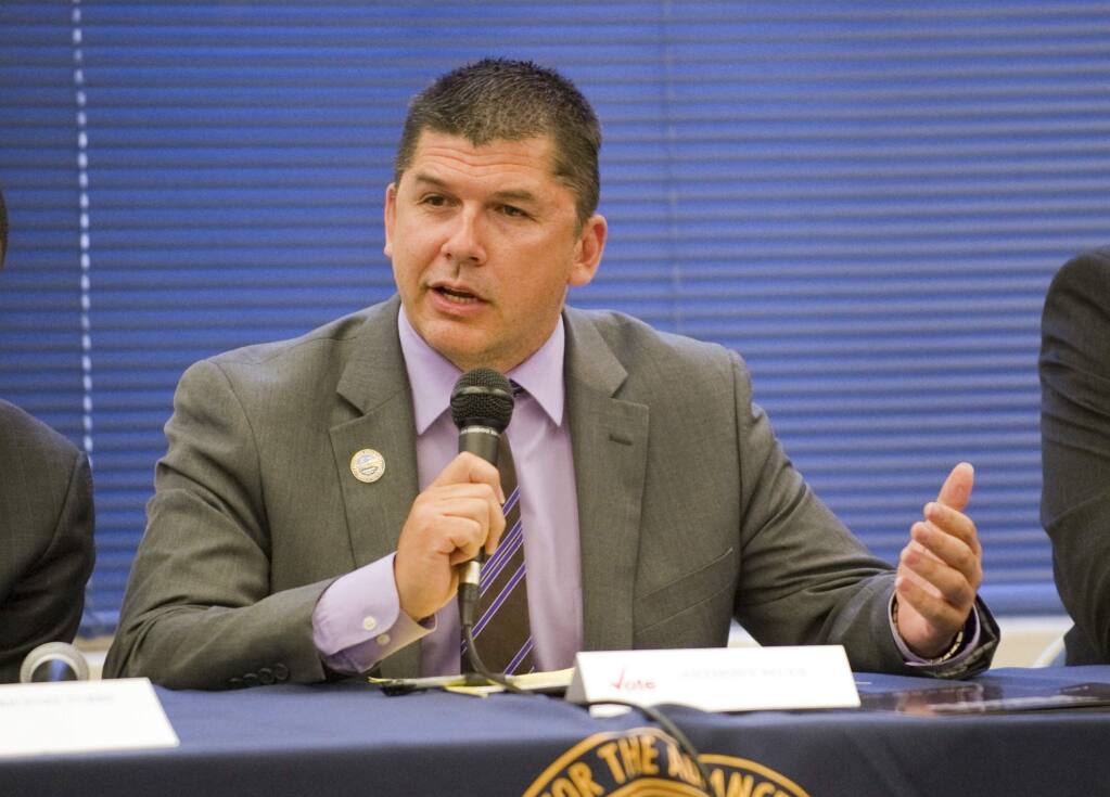 FILE - In this April 21, 2016, file photo, Stockton Mayor Anthony Silva participates in a mayoral candidate forum hosted by the National Association for the Advancement of Colored People in Stockton, Calif. The now former Northern California mayor has been arrested for having a firearm in violation of a protective order issued against him. (Clifford Oto /The Record via AP, Fie)