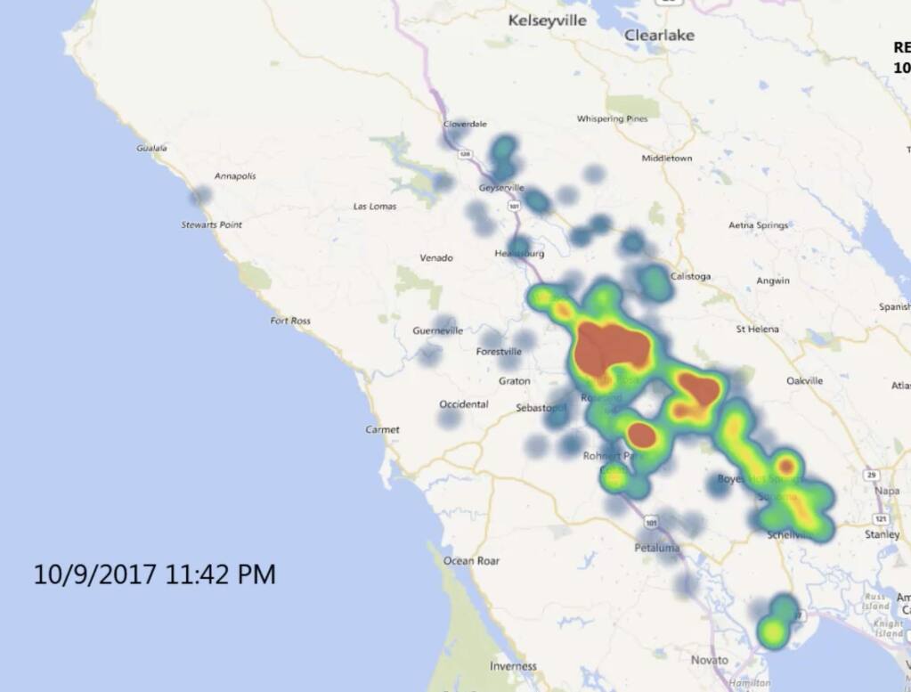 A time-lapse heat map of 911 calls taken by Sonoma County's central dispatch center illustrates how emergencies erupted across the county on Oct. 8. Go to pressdemocrat.com to view the video.
