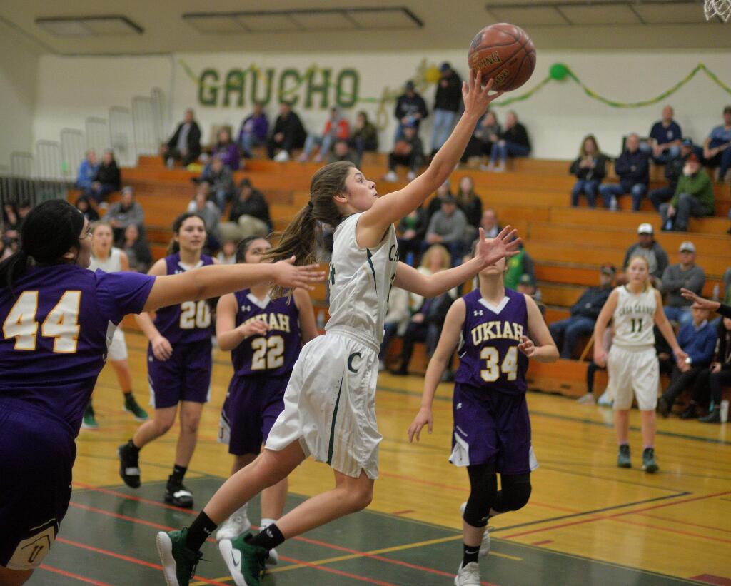 SUMNER FOWLER/FOR THE ARGUS-COURIERCasa Grande's Sophia Gardea drives away from Ukiah defenders and to the hoop during NCS playoff game.