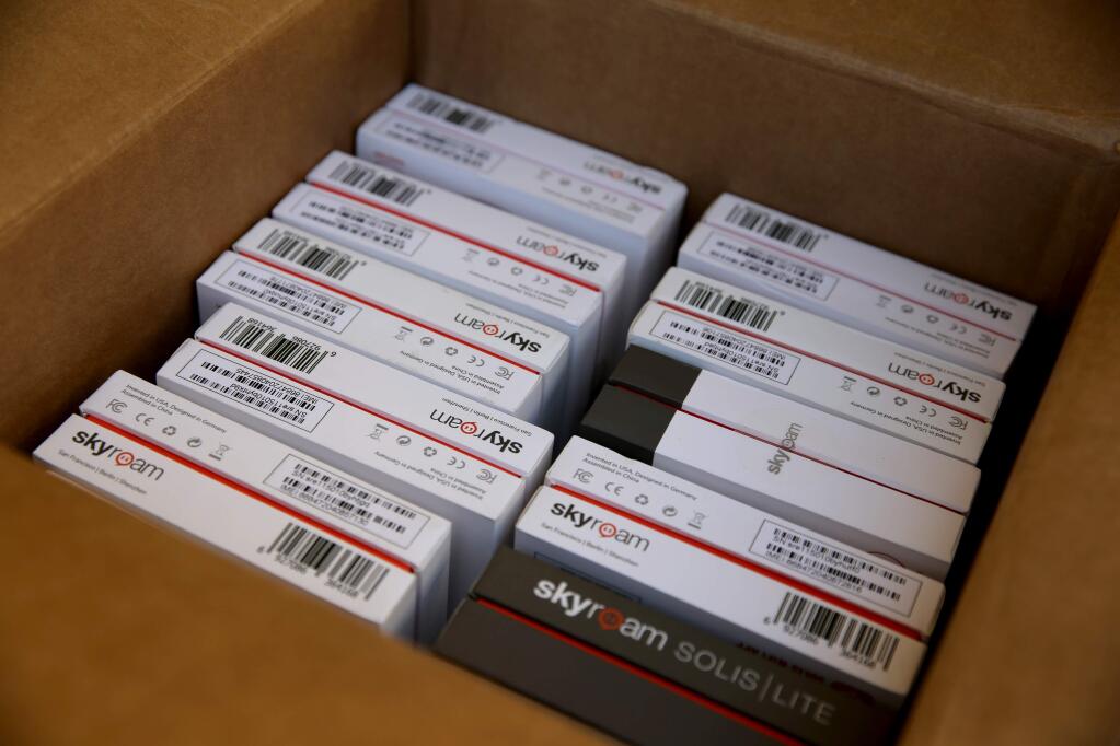 A box full of wifi hotspots for low-income students at Two Rock Elementary donated by Quattrocchi Kwok Architects. Photo taken at Two Rock Elementary School near Petaluma, California on Thursday, April 30, 2020. (BETH SCHLANKER/ The Press Democrat)